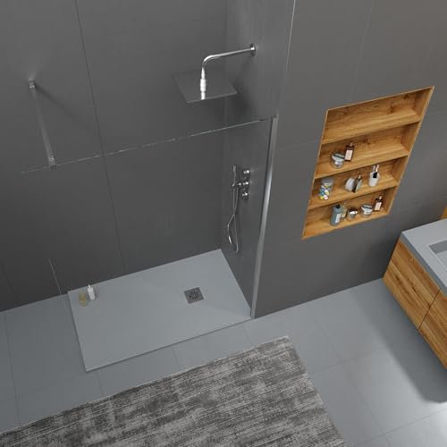 VAROBATH | Plato de Ducha ONE – Material Resina con Carga Mineral y Textura Pizarra Antideslizante C3 – Incluye Válvula Desagüe y Rejilla (GRIS RAL7040, 70x70)