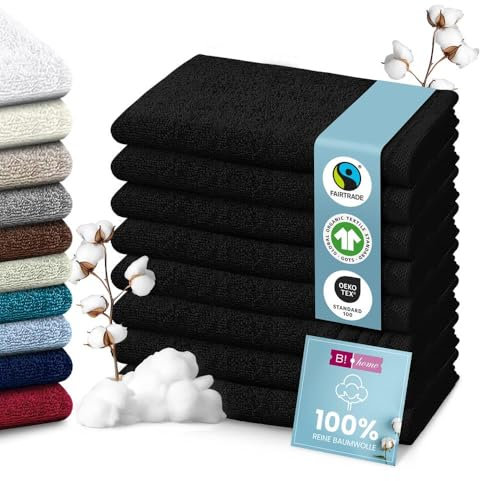 B!HOME 8er Set Premium Gästehandtücher [100% Baumwolle] 30x50 cm, schwarz/Handtücher Weich, Saugstark & Pflegeleicht/Waschlappen Perfekt für Bad, Gäste & Reisen