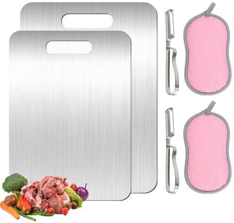 Taglieri in titanio per cucina, 2 pezzi, tagliere in titanio con spugna da cucina e pelapatate, tagliere multifunzionale in acciaio inossidabile double-face per uso alimentare Yamato