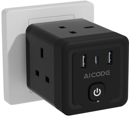 Multi Plug Adapter with 3 USB, AICODE 4 Way Multi Plug Extension with USB C,13A 3250W Cube Wall Socket with Switch,Wall Plug Extender Socket,Charger Block for Home Office Travel,Black