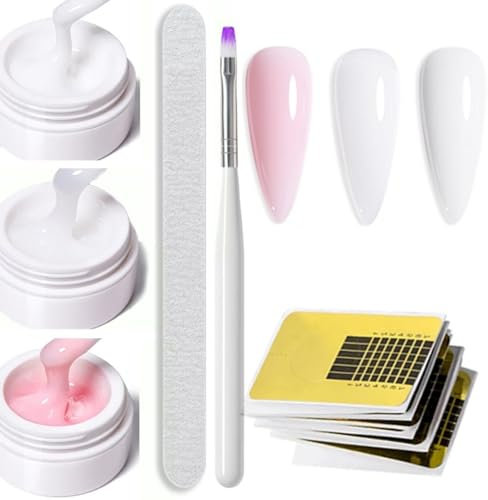 Builder Gel for Nails, 3PCS Nail Extensions Kit, White Pink Hard Gel Polygel Nail Kit, Jelly Gel Nail Polish Poly Gel for Nail Extension Kit with Nail Tool Kit, Nail Art DIY for Women