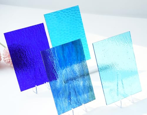 CHICSHIS Transparente Buntglasplatten zum Basteln, 15,2 x 10,2 cm, farbiges, strukturiertes Kathedralenglas-Set für Heimwerker, 4 Bögen, Blau