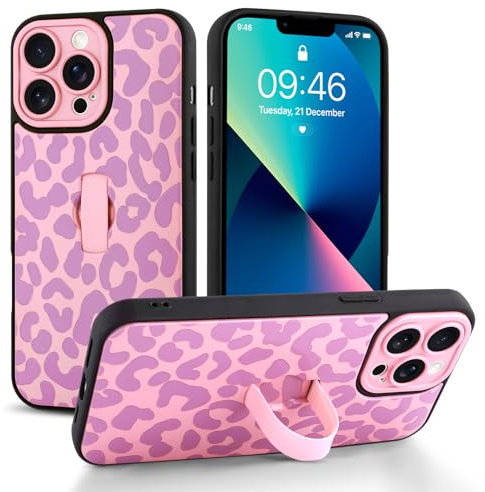 Jefonha for iPhone 13 Pro Max Case with Finger Hand Strap Kickstand, Trendy Cool Leaopard Cheetah Print Phone Case for Women Men, Full Camera Protection Shockproof Protective Cover, Pink