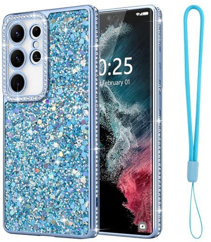 Lafunda Kompatibel mit Samsung Galaxy S22 Ultra Hülle Blau | Mädchen Frauen Schuzhülle Glitzer Pailletten Glänzend Bling Diamant Stoßfest Handyhülle mit Kameraschutz