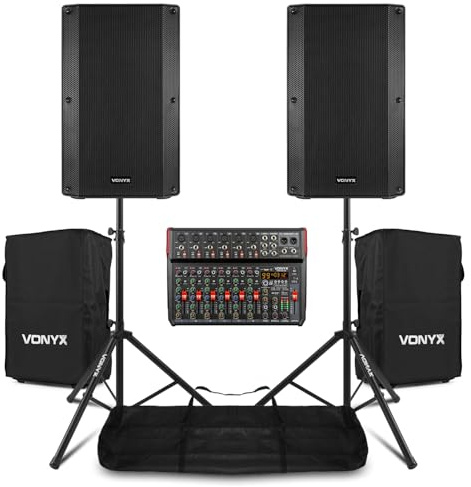 VONYX VSA15BT Complete Active PA System – 2x 1000W 15 Bluetooth Speakers, VM-KG10 10-Ch Mixer, Stands, XLR Leads & Protective Covers Included – Ideal DJ, Live Band & Vocalist PA Solution