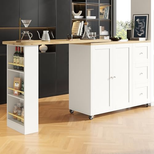 Mesa alta giratoria de 360° con ruedas y espacio de almacenamiento, mesa de bar moderna con tres cajones, estantería para aperitivos y estantes, isla de almacenamiento multifuncional para cocina y