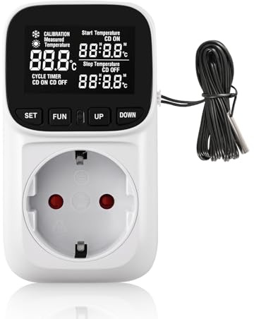 ASOFTY Digitaler Temperaturregler 230V mit Fühler, Temperaturregler Steckdose mit LCD Display, Thermostat Steckdose Temperaturschalter mit Heiz- und Kühlmodus für Gewächshaus, Terrarium, Kühlschrank