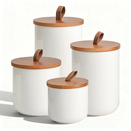 CoorFormer Weißes Keramikdosen-Set mit Bambusdeckeln, 4 Stück luftdichte Frischhaltedosen für Küche - Mehl, Zucker, Kaffee, Tee, Gewürz - Kleiner, Klein, Mittel, Große Größen
