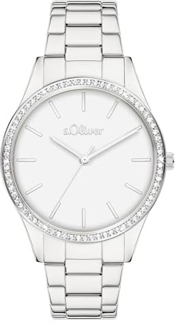 s.Oliver Damenuhr mit funklenden Steinen und Edelstahlband - 34 mm - sportlich-elegant - Metallbanduhr mit Zirkoniasteinen - hoher analoge Armbanduhr mit Quarzwerk - 3 ATM wasserdicht - Geschenkidee