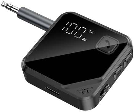 ORIA Bluetooth Transmitter Receiver, LED Display, Mic for Calls, 16H Long Playtime, Use with 3.5 mm Audio Jack, Portable Wireless Bluetooth Adapter for TV, Speakers, Travel, Gym, Car