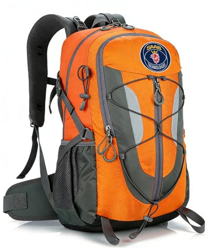 LAOSPWE Wasserdichter Wanderrucksack Classic Swedish Car Enthusiast, Ergonomischer Rucksack für Damen und Herren, Leichtgewicht Großes Fassungsvermögen, Fächer(Orange)
