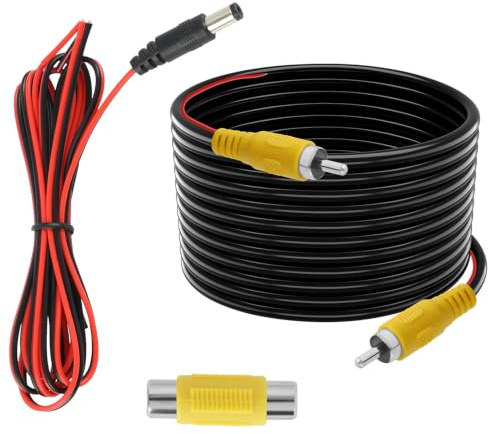 Car Video Cable Kit, 6M Cable + 0.8M DC Power Wire + 2 Adapter,Double Shielded Video Cable with Detection Trigger Wire Coupling Female to Female/DC Power Cord for Car Reversing Camera/DVD/TV