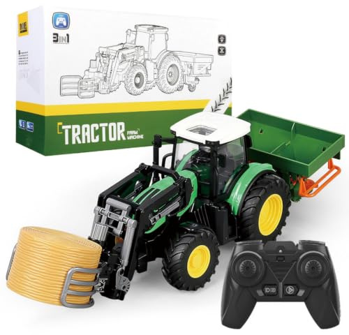 RCXTechPro 1/24 Scale RC Farm Tractor With Grapple & Fertilizer Spreader, 2.4GHz 10CH Remote Control Farm Vehicle, Hay Bale Accessories, Lights, RTR Agricultural Model Set -Green Grapple