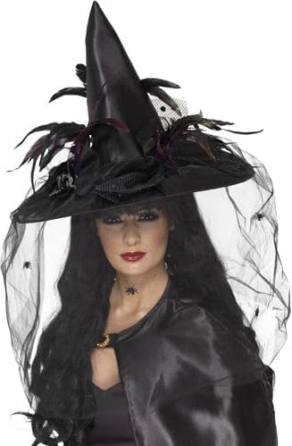 Halloween! Smiffys Hut Hexe, Schwarz, mit Federn und Netz, Deluxe