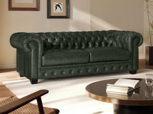 Chesterfield Ledersofa 3-Sitzer Brenton - Vintage Leder - GrÅn