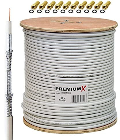 Premium X 250m Basic Koaxialkabel 135dB 4-Fach SAT Antennenkabel Koax-Kabel DVB-S / S2 DVB-C DVB-T BK Anlagen 10x F-Stecker