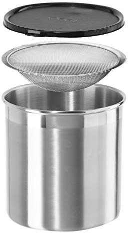 Oggi Stainless Steel Jumbo Grease Container with Removable Strainer and Snug Lid. Perfect container for fryer oil, bacon drippings, lard and ghee oil. Large capacity can - 1 Gall / 4 Qt / 3.75 Lt