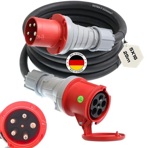 Starkstromkabel 63A 25m H07RN-F 5x16 Starkstrom Verlängerungskabel CEE Verlängerung 63 Ampere Kabel 5x16mm2 Baustelle Werkstatt Industrie Geeignet Outdoor IP44 Spritzwassergeschütz