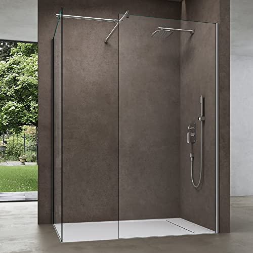 doporro Walk-In Dusche 120x100cm Duschwand 8mm ESG Duschabtrennung Klarglas | Duschwand mit Nanobeschichtung | mit 2 festen Glaselementen mit Stabilisator | Aluminiumrahmen in Chrom | Bremen01K-T