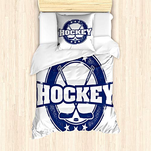 ABAKUHAUS Eishockey Bettbezug Set für Einzelbetten, Vintage Sticks Sterne, Milbensicher Allergiker geeignet mit Kissenbezug, Marine-Blau-Weiß