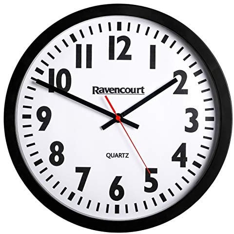 Ravencourt Quartz Analogue Clock ¦ For Schools, Hospitals, Offices And Homes ¦ High Contrast Numbers ¦ Battery Powered ¦ Black Rim With White Face ¦ Medium Large - 35cm face