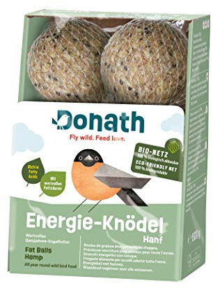 Donath Energie-Knödel Hanf im Bio-Netz - Meisenknödel im Bio-Netz - 100g je Knödel - Extraportion Hanfsamen - wertvolles Ganzjahres Wildvogelfutter - unsere Manufaktur in Süddeutschland - 6er Karton