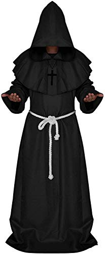 IvyRobes Mönch Robe Kostüm Männer Priester Gewand Mittelalterliche Kapuzen Mönchskutte Renaissance Halloween Cosplay Umhang Erwachsene Schwarz L