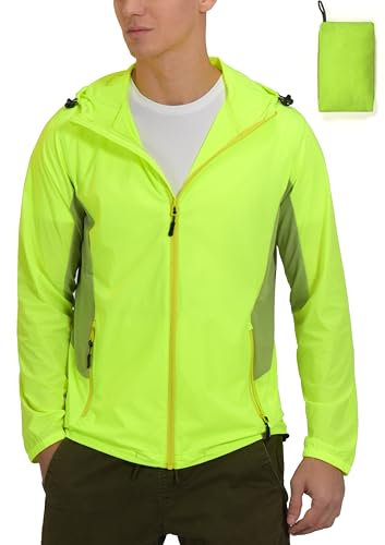 Mapamyumco Atmungsaktive leichte Sommerjacke für Herren zum Laufen Radfahren, verstaubare Windjacke mit Kapuze, Fluoreszierendes Gelb, L