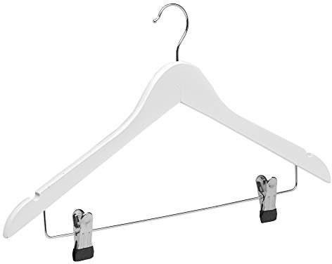 COM-FORT HOUSE Gruccia con mollette (confezione da 25 und da 45 cm) – Colore bianco e mogano, ideale per pantaloni, con tacche per bretelle e gancio in acciaio.