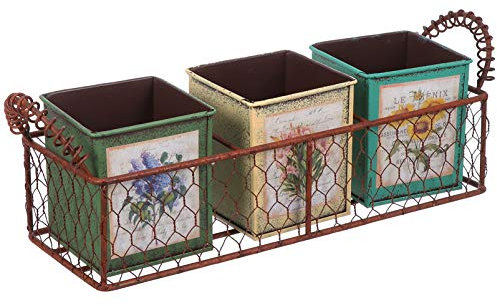 WINOMO 3 Stücke Vintage Blumentopf Eisen Pflanztöpfe mit Draht Halter Retro Blumenkasten dekorative Eimer Pflanzer Shabby Blumenkasten für Innen Außen Garten Balkon Hochzeit Dekoration