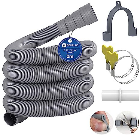REKALRO Manguera de lavadora 2m, manguera de aguas residuales con conector de manguera de desagüe y 2 abrazaderas de manguera, extensión de manguera de desagüe de Ø 20 mm para lavadora lavavajillas
