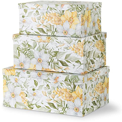 Soul & Lane Garden Glory Dekorative Boxen mit Deckel, 3er-Set, Blumen-Foto-Aufbewahrung, stapelbare kleine Heimdekor-Boxen, verschachtelbare Geschenkkartons, Boho-Druckmaché-Behälter,