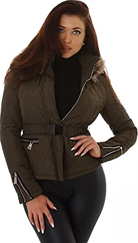Jela London Damen Kapuzen Steppjacke Fell Imitat Kunstleder Taillengürtel, 38 (Etikett 40) Dunkel Grün