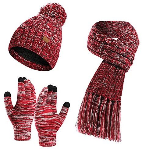 Strickmütze Schal Handschuhe 3-teilig für Frauen Kombiset Strickset Beanie Herren Winter Warm Fleecefutter Fäustlinge Strickhandschuhe Winterzubehör Handschuh Set