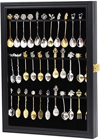 COMSREV 36 Souvenir Tea Spoon Display Case Collection Collector Rack Wall Mount Wooden w/98% UV Acrylic Door Lockable(Black)