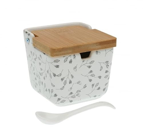 D,casa - Salero y Azucarero de Cocina de Cerámica con Tapa de Madera Diseños Originales - Flores - Azucarero