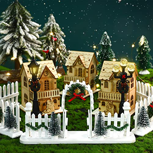 Queekay 5 Pcs Clôtures Décoratives de Village de Noël Figurine Éclairée de Porte d'Entrée Clôture de Piquetage d'arbre de Guirlande de Noël Accessoires de Neige pour Collections (Série Blanche)