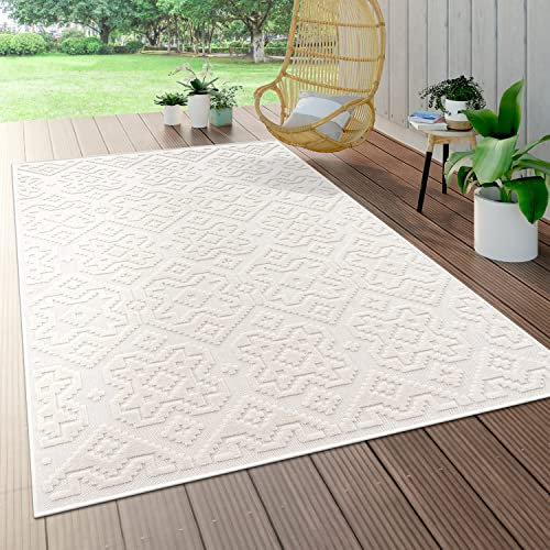 Paco Home Outdoor Teppich Wetterfest Wohnzimmer Balkon Küche Orientalisch Ornament Skandinavisch Geometrisches Muster 3D Effekt Modern, Grösse:160 cm Rund, Farbe:Creme 3
