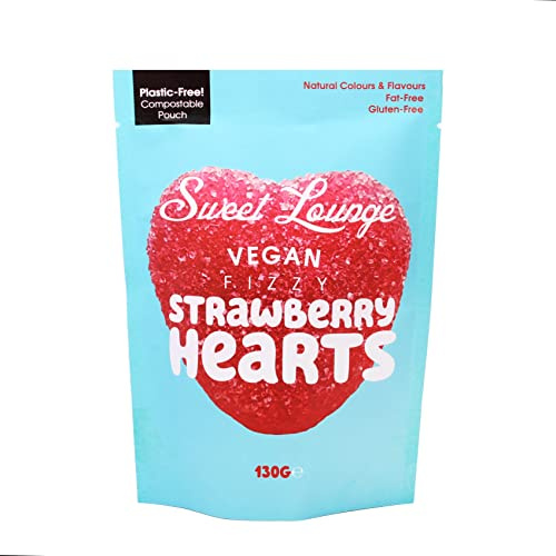 Sweet Lounge Vegan Fizzy Strawberry Hearts Pouch | 1x 130g Pouch | Plastic free compostable packaging. Natural Colours & Flavours | Gluten-Free. Vegan. Share Bags (Fizzy Vegan Strawberry Hearts)
