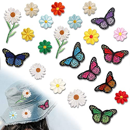22 Stück Patches zum Aufbügeln Blume, Kinder Blumen Schmetterling Bestickte Patches Blumen Applikation zum Aufbügeln, für DIY Kleidung Jeans, Erwachsene und Kinder Jean T-Shirt Patches