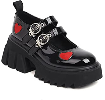 Ulalaza Women's Platform Mary Janes Heart Cat Buckle Rivets Ankle Lolita Gothic Princess Platform Pumps Patent Leather Thorn Vintage Traditional Embroidery Upper Dress Shoes, 5 UK