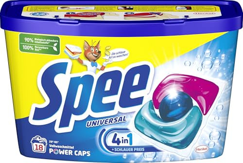 Spee Power Caps Universal 4 + 1 (18 Waschladungen), Vollwaschmittel für helle und weiße Wäsche, vordosiertes Waschmittel vereint Reinheit, Strahlkraft, Frische & Nachhaltigkeit