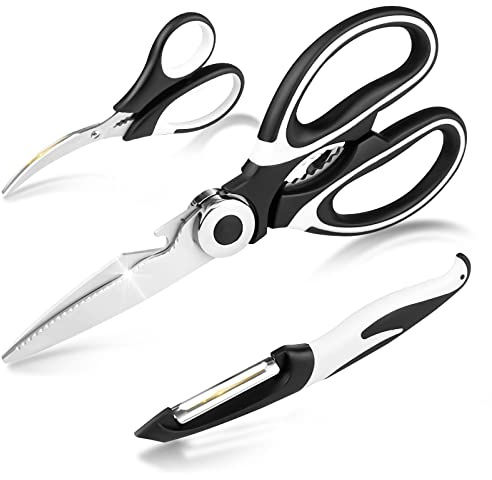 Fousenuk 3 piezas Tijeras Cocina, Tijeras de Cocina de Acero Inoxidable con Funda Tijera Profesionales con Abridor de Botellas Incorporado, para Carne, Pollo, Hueso, Verduras, Pescado, Aves