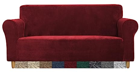 CMAKER Velvet Sofa Covers Couch Cover 3 Seater Stretch Couch Cover with Non Slip Elastic Bottom Furniture Protector Sofa Slipcovers Couch Cover for Pets (3-Sitzer, Burgunderrot)