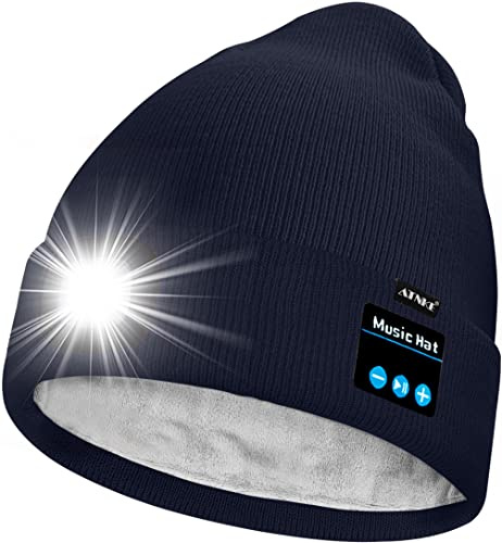 ATNKE Unisex LED Bluetooth Mütze mit Licht,Wiederaufladbare USB 4 LED Musik Redner Laufmütze Lampe Winter Warme Gefüttertes Fleece Stricken Mütze für Herren und Damen Geschenke