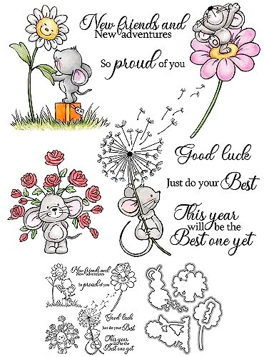 Niedliche kleine Mäuse Maus und Blumen, transparente Stempel und Metall-Stanzformen, Set mit Kunststoff-Umschlagbox für Kartenherstellung, DIY-Alben, Basteln, Dekoration, Scrapbooking, Zubehör,