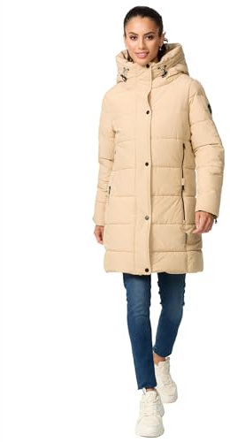 MARIKOO Damen Winterjacke Stepp Winter Jacke Übergang Steppjacke lang warm Kapuze B987 [B987-Karumik-Sand-Gr.S]
