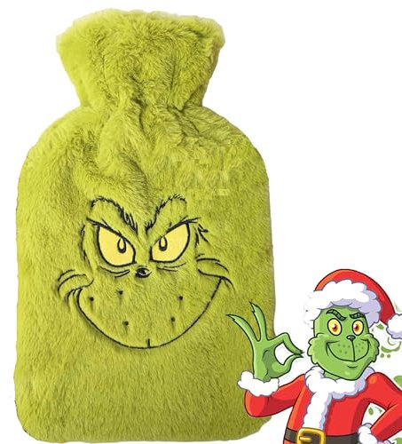 The Grinch Christmas Gifts for Kids - Novelty Green Faux Fur Hot Water Bottle with Topline Card. Bottle Warmer for Home Decor, Stocking Fillers. Christmas Gifts for Women, Mens Gifts