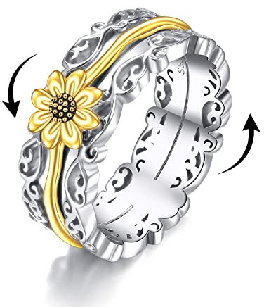 POPLYKE Sonnenblume Fidget Ringe für Angst 925 Sterling Silber Sonnenblume Spinner Ringe für Frauen Anti Stress Stimmung Ringe Geschenke Band Wide 10#
