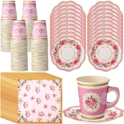 Vesici 150 Stück Teeparty-Dekorationen, 266 ml, Einweg-Papp-Teetassen mit Griffen, Teller, Untertassen, Servietten für Partys (lebendiger Stil)